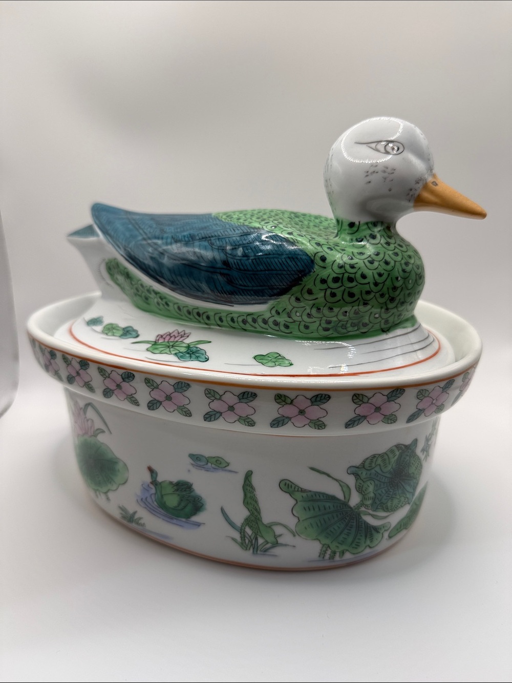 Vtg Chinese Chinoisere Ceramic Duck Tureen and Lidded Casserole Dish Handpainted